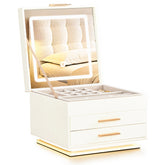 HAOYYE LED Jewelry Box with Mirror Light 3-Color Glow 2 Drawers Velvet Organizer White and Pink for Vanity Bedroom Gift Travel